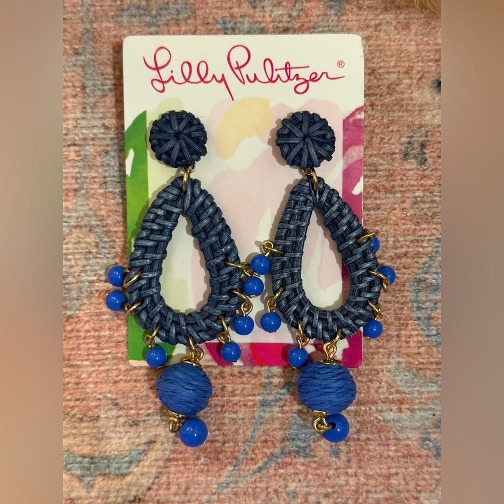 Brand New Lilly Pulitzer Alba Blue Dangling Raffia Earrings - Picture 2 of 5